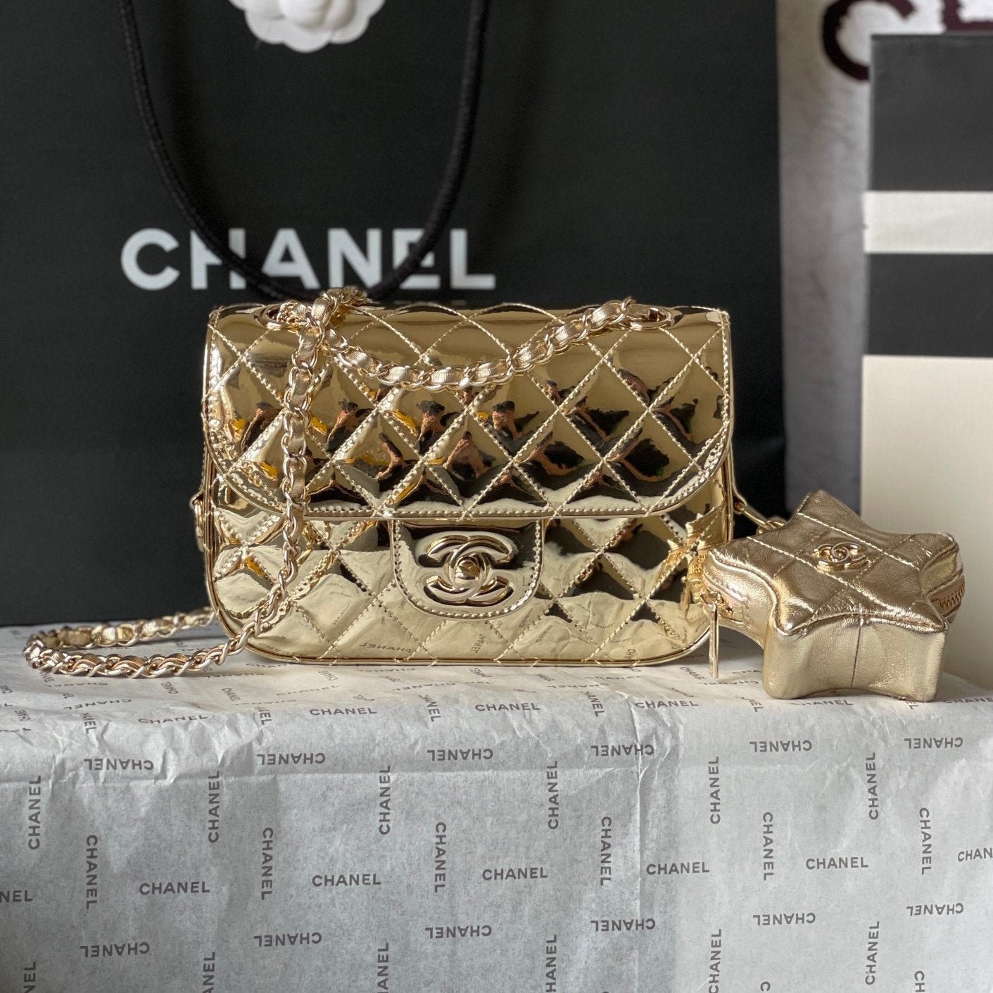 20240308_i1709884765_840_0_jpg CC MINI 19 FLAP BAG IN GOLDEN METALLIC CALFSKIN - Image 1