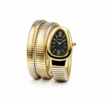 Branded Snake Watch, Black Watch Face, Pale Gold