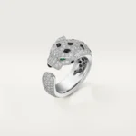 Branded, Partially Paved Cat-Shaped Ring, White Gold with Diamonds