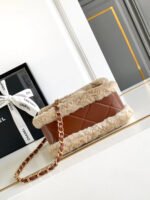 MINI FLAP BAG 18 IN BEIGE WOOL AND GINGER ORANGE CALFSKIN GOLD HARDWARE - Image 11