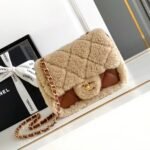 MINI FLAP BAG 18 IN BEIGE WOOL AND GINGER ORANGE CALFSKIN GOLD HARDWARE - Image 10
