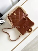 MINI FLAP BAG 18 IN BEIGE WOOL AND GINGER ORANGE CALFSKIN GOLD HARDWARE - Image 16