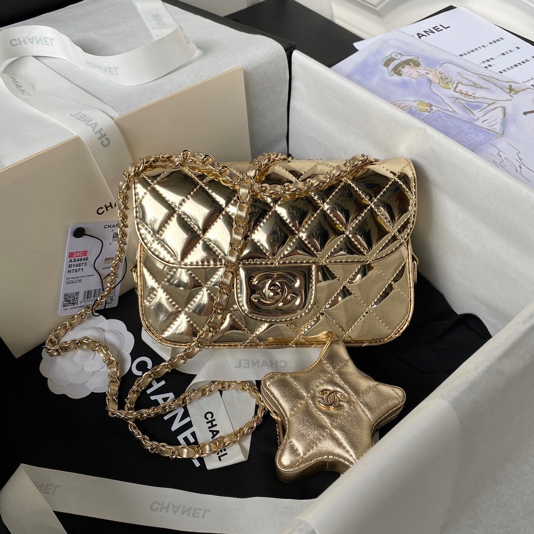 img_70762a6f_20231215_i1702648523_5395_0_jpg CC MINI 19 FLAP BAG IN GOLDEN METALLIC CALFSKIN WITH STRAP - Image 1