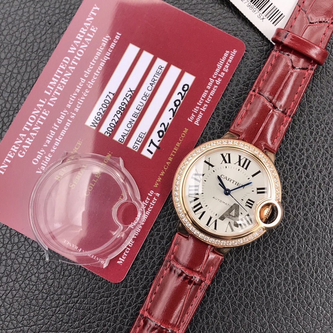 13248169472014059_0198aa4b-f106-4a7f-a0bf-1fa6dd6ee0d0 BALLON BLEU 33MM ROSE GOLD CASE DIAMOND BEZEL RED LEATHER - Image 1