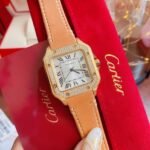 SANTOS LADY 35MM QUARTZ 35MM GOLD CASE DIAMOND BEZEL LEATHER - Image 9