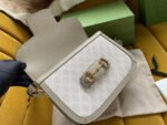 GG HORSEBIT 1955 SADDLE BAG 25 IN WHITE CANVAS AND BEIGE CALFSKIN - Image 2