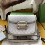 GG HORSEBIT 1955 SADDLE BAG 25 IN WHITE CANVAS AND BEIGE CALFSKIN - Image 10