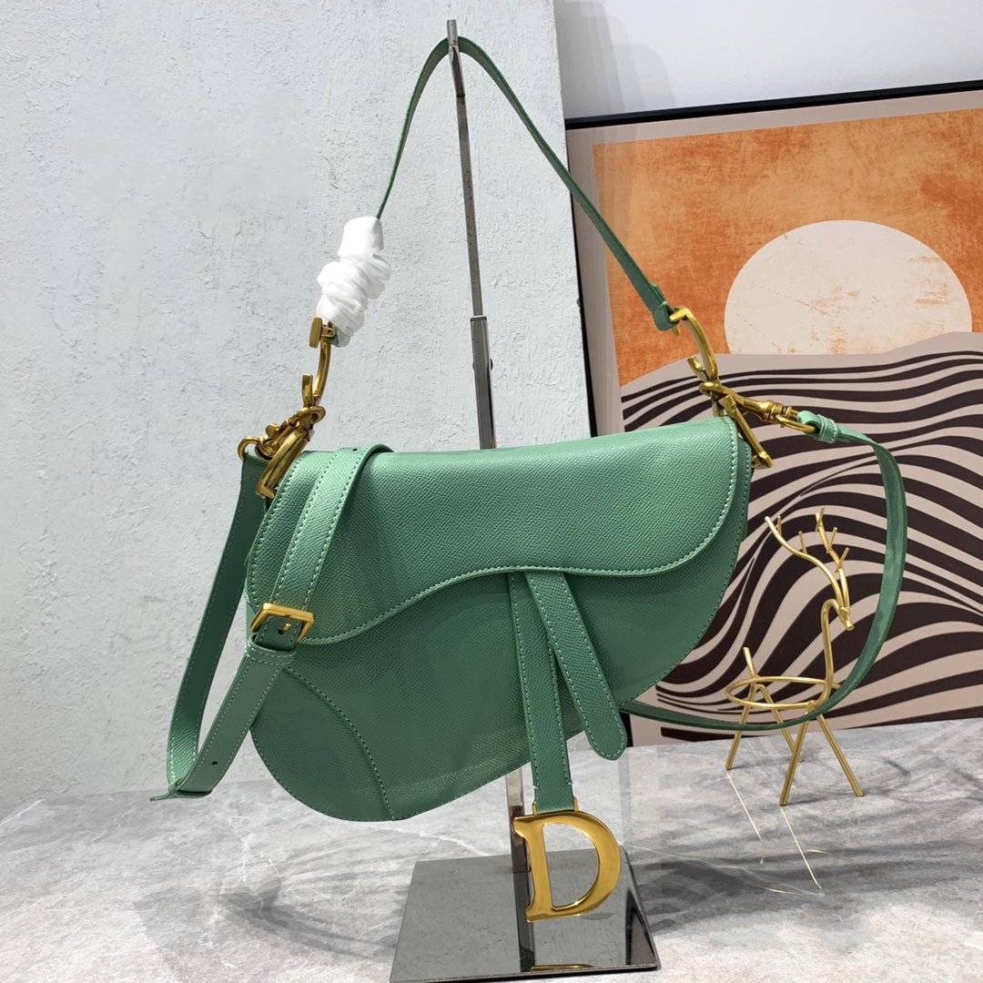 20221123_i1669218027_3161_0_jpg_a6c3159c-91f3-46b3-9a54-f2d8bc5bd505 CD Saddle Bag Strap Warm Taupe Grained Green Calfskin - Image 1
