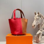 HERMES 25S PICOTIN LOCK 18 IN GOLDEN BROWN AND RED CALFSKIN SILVER HARDWARE - Image 11