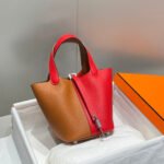 HERMES 25S PICOTIN LOCK 18 IN GOLDEN BROWN AND RED CALFSKIN SILVER HARDWARE - Image 10