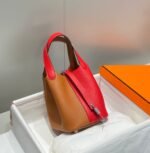 HERMES 25S PICOTIN LOCK 18 IN GOLDEN BROWN AND RED CALFSKIN SILVER HARDWARE - Image 12