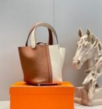 HERMES 25S PICOTIN LOCK 18 IN WHITE AND BROWN CALFSKIN SILVER HARDWARE - Image 3