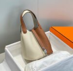 HERMES 25S PICOTIN LOCK 18 IN WHITE AND BROWN CALFSKIN SILVER HARDWARE - Image 11