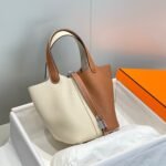 HERMES 25S PICOTIN LOCK 18 IN WHITE AND BROWN CALFSKIN SILVER HARDWARE - Image 10
