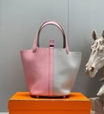 HERMES 25S PICOTIN LOCK 18 IN PINK AND LIGHT GRAY CALFSKIN SILVER HARDWARE - Image 4