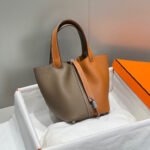HERMES 25S PICOTIN LOCK 18 IN BROWN AND ORANGE COMBINATION CALFSKIN SILVER HARDWARE - Image 10