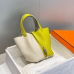 HERMES 25S PICOTIN LOCK 18 IN WHITE AND LEMON YELLOW CALFSKIN SILVER HARDWARE - Image 10