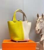 HERMES 25S PICOTIN LOCK 18 IN WHITE AND LEMON YELLOW CALFSKIN SILVER HARDWARE - Image 2
