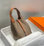HERMES 25S PICOTIN LOCK 18 IN BURNT ORANGE AND BROWN CALFSKIN SILVER HARDWARE - Image 12