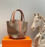 HERMES 25S PICOTIN LOCK 18 IN BURNT ORANGE AND BROWN CALFSKIN SILVER HARDWARE - Image 2