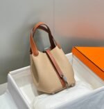 HERMES 25S PICOTIN LOCK 18 IN BURNT ORANGE AND LIGHT BROWN CALFSKIN SILVER HARDWARE - Image 3