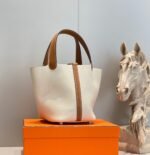 HERMES 25S PICOTIN LOCK 18 IN BURNT ORANGE AND IVORY CALFSKIN SILVER HARDWARE - Image 11