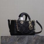 LADY D-JOY BAG 26 IN BLACK GRAPHIC CANNAGE CALFSKIN PALE GOLD-FINISH METAL CHARMS - Image 12