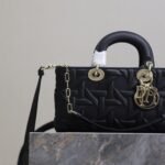 LADY D-JOY BAG 26 IN BLACK GRAPHIC CANNAGE CALFSKIN PALE GOLD-FINISH METAL CHARMS - Image 18