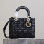 LADY BAG 24 IN BLACK GRAPHIC CANNAGE CALFSKIN PALE GOLD-FINISH METAL CHARMS