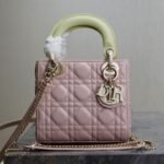 MINI LADY BAG 17 IN BABY PINK QUILTED MACROCANNAGE CALFSKIN SWAMP YELLOW STRAP - Image 10