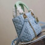 MINI LADY BAG 17 IN BABY BLUE QUILTED MACROCANNAGE CALFSKIN GREEN STRAP - Image 15