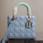 MEDIUM LADY BAG 20 IN BABY BLUE QUILTED MACROCANNAGE CALFSKIN GREEN STRAP