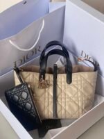 MEDIUM TOUJOURS BAG 28 IN BEIGE CANNAGE CALFSKIN BLACK STRAP - Image 17