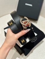 DOUBLE C BELT 30MM IN BLACK CALFSKIN GOLD BUCKLE WITH EMBOSSED CHECK PATTERN - Image 4