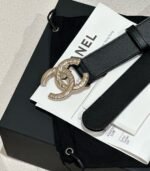 DOUBLE C BELT 30MM IN BLACK CALFSKIN GOLD BUCKLE WITH EMBOSSED CHECK PATTERN - Image 12