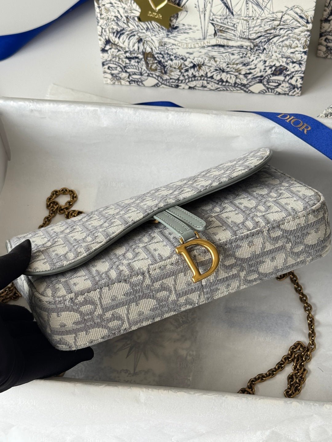 DIOR 25S MEDIUM SADDLE POUCH WITH CHAIN 21 IN GRAY DIOR OBLIQUE JACQUARD CANVAS - Image 22