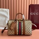 GUCCI 26S OPHIDIA MEDIUM BOSTON BAG 30 IN WARM BEIGE AND BROWN CANVAS