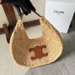 CELINE PANIER HOBO BAG 33 IN RAFFIA AND CALFSKIN LOGO BROWN - Image 10