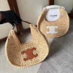 CELINE PANIER HOBO BAG 33 IN RAFFIA AND CALFSKIN LOGO BROWN - Image 11