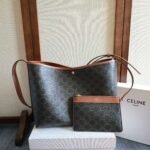 CELINE 25S SOFT SHOPPER BAG 32 IN BLACK TRIOMPHE CANVAS AND BROWN CALFSKIN - Image 9