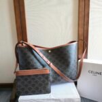 CELINE 25S SOFT SHOPPER BAG 32 IN BLACK TRIOMPHE CANVAS AND BROWN CALFSKIN - Image 10