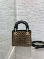 DIOR 25S MINI LADY D-LITE BAG 12 IN BLACK CANVAS AND CALFSKIN CRYSTAL-STUDDED - Image 2