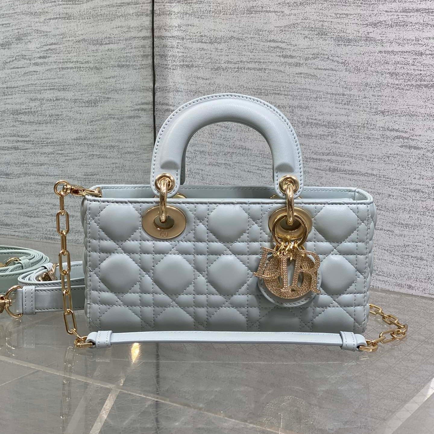 img_2b46f204_20250928_i1759040481_9528_4_jpg DIOR 25S SMALL LADY D‑JOY BAG 22 IN SHIRT BLUE CALFSKIN GOLD HARDWRE - Image 1