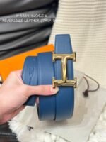HM 5382 BELT GOLD BUCKLE & REVERSIBLE NAVY BLUE LEATHER STRAP 38MM - Image 2