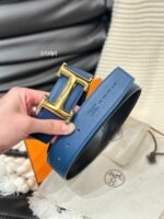 HM 5382 BELT GOLD BUCKLE & REVERSIBLE NAVY BLUE LEATHER STRAP 38MM - Image 4