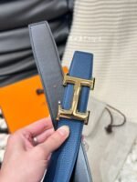 HM 5382 BELT GOLD BUCKLE & REVERSIBLE NAVY BLUE LEATHER STRAP 38MM - Image 5