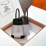 QUADRILLE BIRKIN 30CM IN BLACK SWIFT CALFSKIN WHITE BLUE PINK PLAID TOILE CANVAS - Image 12