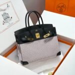 QUADRILLE BIRKIN 30CM IN BLACK SWIFT CALFSKIN WHITE BLUE PINK PLAID TOILE CANVAS - Image 10