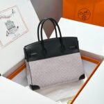 QUADRILLE BIRKIN 30CM IN BLACK SWIFT CALFSKIN WHITE BLUE PINK PLAID TOILE CANVAS - Image 2