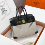 QUADRILLE BIRKIN 30CM IN BLACK SWIFT CALFSKIN WHITE BLACK PLAID TOILE CANVAS - Image 10